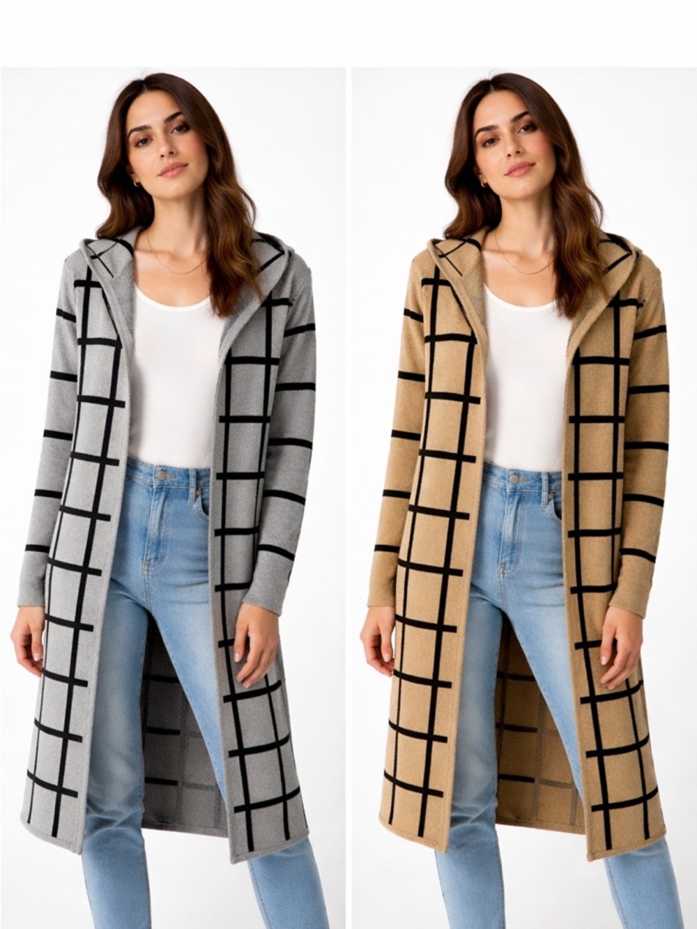 Long Hooded Grid-Pattern Cardigan - Camel/Black Size S